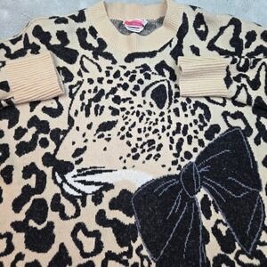 Kate Spade Wool Yak Blend Sweater Womens S Leopard Bow Intarsia Beige Black